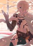  1boy armor bedivere_(fate/grand_order) blonde_hair braid cape clouds fate/grand_order fate_(series) field green_eyes hand_on_hilt long_hair looking_to_the_side male_focus outdoors ponytail sky sunset tower tsuru_(clainman) weapon white_cape 