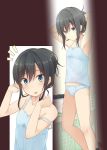  /\/\/\ 1girl armpits arms_up asashio_(kantai_collection) black_hair blue_eyes blue_panties camisole closed_mouth collarbone contrapposto expressionless flat_chest hair_between_eyes highres indoors kantai_collection looking_at_viewer looking_down multiple_views nagami_yuu panties parted_lips short_ponytail strap_slip tying_hair underwear underwear_only 