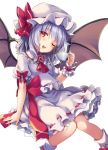  1girl ascot bat_wings blue_hair bobby_socks brooch cup hat hat_ribbon jewelry kedama_milk knees_together_feet_apart mob_cap puffy_short_sleeves puffy_sleeves red_eyes red_shoes remilia_scarlet ribbon shoes short_sleeves simple_background sitting skirt skirt_set sky socks solo teacup touhou white_background white_legwear wings 