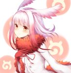  1girl alternate_hair_color bangs blunt_bangs blush feathers frilled_sleeves frills fur_trim gloves gradient_hair hand_on_own_chest head_wings highres japanese_crested_ibis_(kemono_friends) japari_symbol kemono_friends lavender_hair long_sleeves looking_at_viewer multicolored_hair nekomiyanono orange_eyes red_eyes red_gloves redhead ribbon shirt short_hair_with_long_locks smile solo transparent white_background white_hair white_shirt wings yellow_eyes 