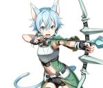  1girl animal_ears black_ribbon black_shorts blue_eyes blue_hair breastplate cat_ears cat_tail cowboy_shot hair_between_eyes hair_ribbon holding_bow_(weapon) looking_at_viewer midriff navel open_mouth ribbon shinon_(sao-alo) short_hair_with_long_locks short_shorts shorts sidelocks slit_pupils solo standing stomach sword_art_online tail transparent_background 