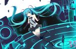  1girl absurdres black_bow black_gloves black_legwear blue_eyes blue_hair blush bow chestnut_mouth elbow_gloves eyebrows_visible_through_hair gloves hatsune_miku highres jyt long_hair looking_at_viewer megaphone open_mouth solo subwoofer thigh-highs twintails vocaloid 