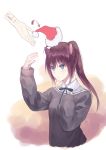  1girl animal_ears aotetsu black_ribbon blue_eyes blush brown_hair cat_ears eyebrows_visible_through_hair hat highres long_hair long_sleeves original ponytail red_hat ribbon santa_hat signature sweater_vest upper_body 