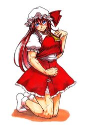  1girl ascot bangs blue_eyes blush bobby_socks braid breasts cosplay flandre_scarlet flandre_scarlet_(cosplay) frilled_skirt frills full_body hair_between_eyes hand_up hat hat_ribbon hong_meiling kneeling koyubi_(littlefinger1988) large_breasts legs long_hair looking_at_viewer mob_cap muscle muscular_female no_shoes outline puffy_short_sleeves puffy_sleeves red_skirt red_vest redhead ribbon scar shiny shiny_hair shirt short_sleeves simple_background skirt skirt_set smile socks solo thighs touhou twin_braids very_long_hair vest white_background white_legwear white_shirt 