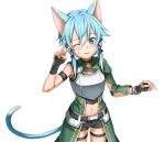  1girl ;) animal_ears black_ribbon black_shorts blue_eyes blue_hair breastplate cat_ears cat_tail hair_ornament hair_ribbon midriff navel one_eye_closed parted_lips ribbon shinon_(sao-alo) short_hair_with_long_locks short_shorts shorts sidelocks slit_pupils smile solo standing stomach sweatdrop sword_art_online tail transparent_background v 