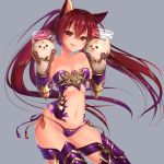  1girl animal animal_ears bare_shoulders bell bell_collar blush breasts cat_ears cerberus_(shingeki_no_bahamut) cleavage collar eyebrows_visible_through_hair fangs highres holding holding_animal long_hair looking_at_viewer medium_breasts navel open_mouth red_eyes redhead shadowverse smile solo twintails yuitanpo 