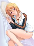  1girl bed_sheet blonde_hair blush bottomless breasts charlotte_dunois cleavage eyebrows_visible_through_hair hair_between_eyes hozumi_takashi infinite_stratos jewelry long_hair looking_at_viewer lying medium_breasts necklace on_side pillow simple_background smile solo sweater violet_eyes white_background 
