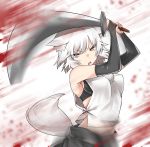  1girl animal_ears armpits arms_up attack bare_shoulders black_bra black_skirt blood bra breasts bridal_gauntlets d:&lt; eyebrows_visible_through_hair highres holding holding_sword holding_weapon inubashiri_momiji kz_oji looking_at_viewer motion_blur open_mouth pom_pom_(clothes) red_eyes shirt short_hair side_cutout simple_background skirt sleeveless sleeveless_shirt slit_pupils solo sword tail touhou underwear upper_body weapon white_background white_hair white_shirt wolf_ears wolf_tail 