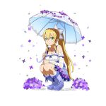  1girl blonde_hair blue_boots blue_skirt blue_umbrella boots braid breasts cleavage collarbone detached_sleeves full_body green_eyes hair_between_eyes hair_ornament high-waist_skirt holding holding_umbrella jewelry large_breasts leafa long_hair necklace open_mouth ponytail purple_flower shirt skirt sleeveless solo squatting sword_art_online transparent_background twin_braids umbrella very_long_hair wet wet_clothes wet_shirt white_shirt 