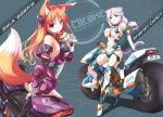  2girls animal_ears armor ass between_breasts bodysuit boots breasts cat_ears cat_tail covered_nipples crepe eating english fatkewell food fox_ears fox_tail green_eyes ground_vehicle highres large_breasts lavender_hair leg_garter motor_vehicle motorcycle multiple_girls necktie necktie_between_breasts orange_hair original sideboob tail thigh-highs thigh_boots under_boob violet_eyes white_legwear 