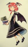  1girl black_shoes black_skirt black_wings book book_stack bow bowtie breasts full_body head_wings highres holding holding_book koakuma long_skirt long_sleeves pointy_ears red_bow red_bowtie red_eyes redhead sasa_kichi shoes simple_background skirt socks solo touhou traditional_media vest white_legwear wings 