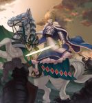  &gt;:( 1girl absurdres ahoge armor armored_dress blonde_hair blue_ribbon cape closed_mouth excalibur fate/stay_night fate_(series) full_body fur_trim greaves green_eyes hair_ribbon highres holding holding_sword holding_weapon horse knight looking_at_viewer magician_(china) ribbon riding saber short_hair solo_focus sword war weapon 