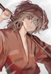  1other ametsukana_yago androgynous bandage_over_one_eye brown_hair closed_mouth commentary_request hemo_(hemoroda) highres holding japanese_clothes kimono len&#039;en long_hair long_sleeves mask mask_on_head orange_eyes red_kimono simple_background sketch solo upper_body white_background 