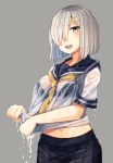  1girl black_bra blue_eyes blush bra breasts hair_ornament hair_over_one_eye hairclip hamakaze_(kantai_collection) highres kantai_collection large_breasts looking_at_viewer open_mouth plan_(planhaplalan) pleated_skirt school_uniform see-through serafuku short_hair simple_background skirt underwear wet wet_clothes 