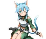  1girl ;) animal_ears black_boots black_ribbon black_shorts blue_eyes blue_hair blush boots breastplate cat_ears cat_tail hair_between_eyes hair_ribbon looking_at_viewer midriff navel one_eye_closed ribbon shinon_(sao-alo) short_hair_with_long_locks short_shorts shorts sidelocks sitting slit_pupils smile solo sword_art_online tail thigh_strap transparent_background 