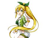  1girl bare_hips blonde_hair bow bracelet braid breasts cleavage cowboy_shot floating_hair green_eyes green_ribbon hair_bow hair_ribbon high_ponytail jewelry leafa long_hair looking_at_viewer medium_breasts open_mouth pointy_ears ribbon short_shorts shorts solo standing sword_art_online transparent_background twin_braids very_long_hair wet wet_clothes white_shorts 