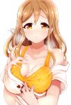  1girl bare_shoulders blush breast_suppress breasts brown_eyes brown_hair collarbone deep_skin heavy_breathing highres kunikida_hanamaru kuzu_kow large_breasts long_hair looking_at_viewer love_live! love_live!_sunshine!! off-shoulder_shirt puckered_lips shirt solo sweat tank_top upper_body wet_clothes white_background white_shirt yellow_shirt 