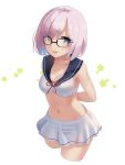  1girl bikini blush breasts cowboy_shot fate/grand_order fate_(series) glasses hair_over_one_eye looking_at_viewer naruse_chisato navel open_mouth purple_hair sailor_bikini sailor_collar shielder_(fate/grand_order) short_hair smile solo star swimsuit violet_eyes white_background 