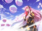  1girl absurdres avtechno! clouds dated detached_sleeves dye_(vocaloid) headphones headset highres long_hair looking_at_viewer megurine_luka mountain pink_eyes pink_hair signature sky snow solo text very_long_hair vocaloid x-boy 