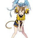  1girl animal_ears black_shorts blush brown_hair cat_ears cat_tail closed_eyes dragon_on_head hair_between_eyes hair_ribbon leaning_forward long_hair looking_at_viewer open_mouth pina_(sao) ribbon short_shorts short_twintails shorts silica_(sao-alo) smile solo standing sword_art_online tail transparent_background twintails yellow_ribbon 
