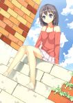  1girl absurdres black_hair blue_eyes blush closed_mouth clouds cloudy_sky day eyebrows_visible_through_hair highres looking_at_viewer original outdoors short_hair sitting skirt sky smile solo tuya_yuanwang white_skirt 