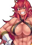  1girl abs black_outline blush breasts cleavage commentary_request fangs gloves horns kupala large_breasts long_hair looking_at_viewer mon-musu_quest! muscle muscular_female navel outline pointy_ears red_eyes redhead sidelocks slit_pupils smile solo teeth white_background white_gloves 