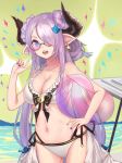  ball beachball blue_eyes breasts cleavage collarbone double_bun earrings echj granblue_fantasy hair_over_one_eye hand_on_hip highres holding holding_ball horns jewelry large_breasts long_hair looking_at_viewer nail_polish narumeia_(granblue_fantasy) open_mouth pointy_ears purple_hair purple_nails starfish starfish_earrings swimsuit teeth 