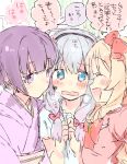  3girls blush bow dress eromanga_sensei hairband heavy_breathing izumi_sagiri japanese_clothes kimono multiple_girls senju_muramasa sketch yamada_elf yukko 