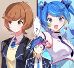  1boy 2girls aqua_eyes black_hair blazer blue_angel blue_eyes blue_hair blue_necktie bow brown_eyes brown_hair choker earrings facial_tattoo fujiki_yuusaku green_eyes hair_bow heart heart_earrings jacket jewelry joman long_hair multicolored_hair multiple_girls necktie open_mouth pink_hair school_uniform shirt short_hair sleeveless sleeveless_shirt tattoo twintails upper_body yu-gi-oh! yuu-gi-ou_vrains zaizen_aoi 