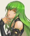  1girl bare_shoulders beige_background belt breasts c.c. code_geass green_hair hankuri high_collar long_hair long_sleeves looking_at_viewer parted_lips sleeveless solo yellow_eyes 