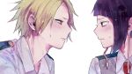  1boy 1girl and_rira bangs blonde_hair blunt_bangs blush boku_no_hero_academia closed_mouth earplugs eye_contact half-closed_eyes jirou_kyouka kaminari_denki looking_at_another necktie nervous parted_lips purple_hair school_uniform short_hair sweatdrop upper_body white_background yellow_eyes 