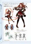  1girl black_legwear boots brown_eyes brown_hair carren character_name chibi coat concept_art detached_sleeves full_body gloves granblue_fantasy grey_eyes hair_ornament hand_on_hip high_heel_boots high_heels highres holding holding_sword holding_weapon lineart long_hair looking_at_viewer looking_back minaba_hideo official_art open_mouth orange_hair scan simple_background skirt smile standing sword thigh-highs weapon zettai_ryouiki 
