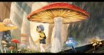  1girl akky_(akimi1127) animal black_skirt blue_eyes blush eyebrows_visible_through_hair highres looking_away mushroom original short_hair silver_hair skirt snail tree 