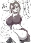  abe_inori ahoge blush breasts cheerleader cleavage fate/apocrypha fate/grand_order fate_(series) flying_sweatdrops headpiece jeanne_alter large_breasts midriff monochrome navel open_mouth pom_poms ruler_(fate/apocrypha) short_hair skirt sweat sweatdrop sweating tank_top tearing_up translation_request 