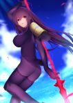  1girl armor ass bodysuit breasts fate/grand_order fate_(series) gae_bolg large_breasts long_hair open_mouth pauldrons petals polearm purple_bodysuit purple_hair red_eyes saisarisu scathach_(fate/grand_order) shoulder_armor solo spear very_long_hair weapon 