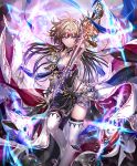  1girl armor artist_request blonde_hair blue_eyes boots breasts crown cygames floating_rock gem gloves glowing glowing_sword glowing_weapon holding holding_sword holding_weapon long_hair magic_circle official_art roland_(shadowverse) scarf serious shadowverse sheath shingeki_no_bahamut sideboob sword thigh-highs thigh_boots unsheathing weapon 