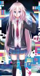  1girl black_legwear blue_eyes blue_skirt blush echj eyebrows_visible_through_hair highres holding holding_microphone ia_(vocaloid) long_hair looking_at_viewer microphone necktie parted_lips pink_hair red_necktie skirt solo thigh-highs vocaloid 