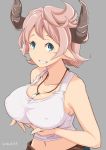  bare_shoulders breasts cleavage doraf granblue_fantasy grin horns jewelry karva kichihachi large_breasts pendant pink_hair pointy_ears short_hair smile tank_top 