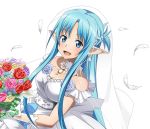  1girl :d asuna_(sao-alo) blue_eyes blue_hair bouquet breasts bridal_veil choker cleavage dress dutch_angle earrings flower grey_flower holding holding_bouquet jewelry long_hair looking_at_viewer medium_breasts open_mouth pink_flower pointy_ears purple_flower red_flower sleeveless sleeveless_dress smile solo sword_art_online transparent_background upper_body veil very_long_hair wedding_dress white_dress white_feathers yellow_flower 