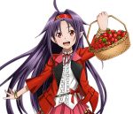  1girl :d ahoge arm_up bracelet food fruit hairband jacket jewelry long_hair looking_at_viewer neck_ribbon open_clothes open_jacket open_mouth pleated_skirt pointy_ears purple_hair red_eyes red_hairband red_jacket red_ribbon red_skirt ribbon shirt skirt smile solo standing strawberry sword_art_online transparent_background upper_body very_long_hair white_shirt yuuki_(sao) 