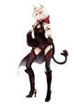  1girl animal_ears bell black_boots black_legwear blush boots bow cat_ears cat_paws cat_tail character_request copyright_request eyebrows_visible_through_hair high_heel_boots high_heels highres knee_boots looking_at_viewer paws red_bow red_eyes short_hair smile solo tail thigh-highs white_hair wu_(4401153) 