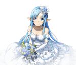  1girl asuna_(sao-alo) blue_eyes blue_flower blue_hair bouquet breasts cleavage collarbone dress elbow_gloves flower gloves hair_flower hair_ornament holding holding_bouquet jewelry long_hair looking_at_viewer medium_breasts necklace pointy_ears sitting sleeveless sleeveless_dress smile solo sword_art_online transparent_background very_long_hair wedding_dress white_dress white_flower white_gloves 
