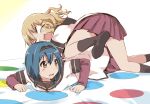  2girls black_legwear blue_hair braid brown_hair commentary dress furutani_himawari hair_ornament hairband hairclip kamiki_uutarou kneehighs long_hair lying multiple_girls nanamori_school_uniform no_pupils no_shoes on_stomach oomuro_sakurako open_mouth playing_games pleated_skirt revision sailor_dress school_uniform serafuku short_braid short_hair skirt sweatdrop twin_braids twister yuru_yuri 