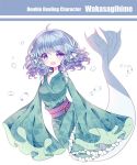  1girl air_bubble blue_eyes blue_hair character_name copyright_name curly_hair drill_hair green_kimono head_fins japanese_clothes kimono mermaid monster_girl obi rimei sash sleeves_past_wrists solo touhou wakasagihime wide_sleeves 