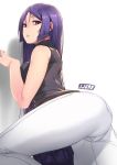  1girl artist_name ass bare_shoulders black_shirt breasts casual denim fate/grand_order fate_(series) hair_between_eyes half-closed_eyes hand_up jeans jjune large_breasts long_hair looking_at_viewer minamoto_no_raikou_(fate/grand_order) pants parted_lips pocket purple_hair shirt simple_background sleeveless sleeveless_turtleneck solo turtleneck very_long_hair violet_eyes white_background white_pants 