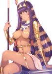  1girl dark_skin earrings egyptian egyptian_clothes facial_mark fate/grand_order fate_(series) hairband highres hoop_earrings ibuki_notsu jewelry legs_crossed long_hair looking_at_viewer navel nitocris_(fate/grand_order) purple_hair simple_background sitting solo very_long_hair violet_eyes white_background 