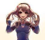  1girl backlighting bangs blue_bodysuit bodysuit breasts brown_eyes brown_hair d.va_(overwatch) facepaint facial_mark gradient gradient_background headphones high_collar looking_at_viewer mme12165 open_mouth overwatch pilot_suit ribbed_bodysuit shoulder_pads sketch skin_tight small_breasts smile solo swept_bangs tan_background upper_body whisker_markings white_background 
