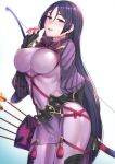  1girl arrow bangs blush bodystocking bodysuit bow_(weapon) breasts commentary_request covered_navel fate/grand_order fate_(series) fingerless_gloves gloves highres holding holding_weapon kyuuso_inukami large_breasts long_hair looking_at_viewer minamoto_no_raikou_(fate/grand_order) open_mouth purple_hair quiver simple_background smile solo very_long_hair violet_eyes weapon 