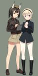  2girls animal_ears blonde_hair blue_eyes blush boots braid brown_eyes brown_hair clipboard garrison_cap geena_preddy hairband hat long_hair looking_at_viewer military military_uniform multiple_girls open_mouth pantyhose pen rosalie_de_hemricourt_de_grunne shimada_fumikane short_hair simple_background skirt smile tail uniform white_legwear world_witches_series 