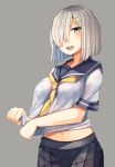  1girl black_bra blue_eyes blush bra breasts hair_ornament hair_over_one_eye hairclip hamakaze_(kantai_collection) highres kantai_collection large_breasts looking_at_viewer open_mouth plan_(planhaplalan) pleated_skirt school_uniform see-through serafuku short_hair simple_background skirt underwear 